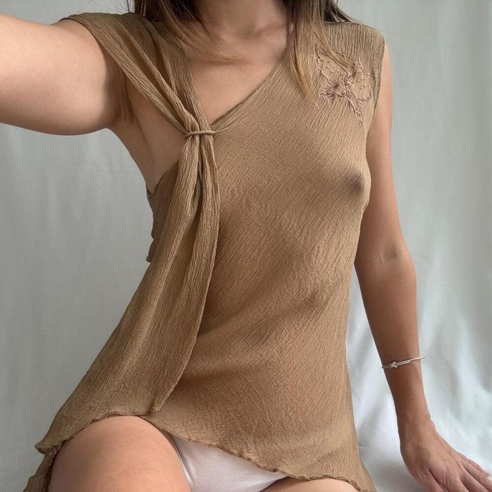Tan silk blouse with tie front detail and floral embroidery